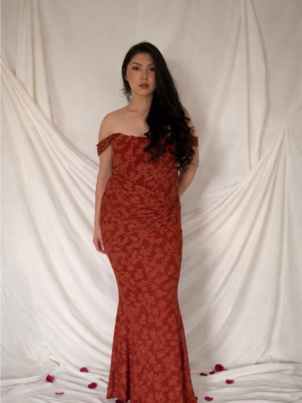 Red Wine Floral Corset Bodice Off-the-Shoulder Evening Gown
